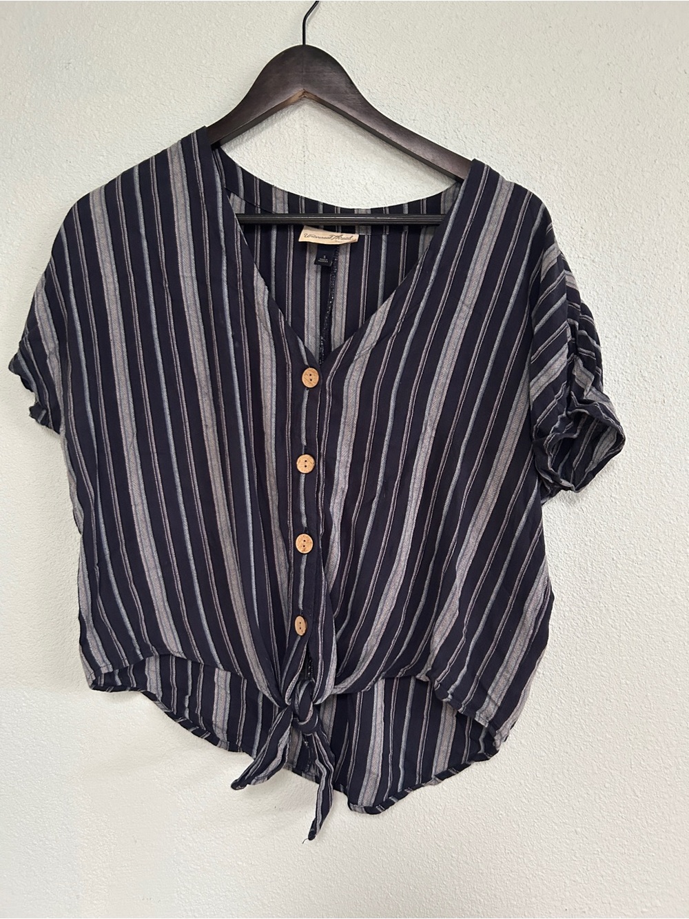 Universal Thread Navy and Ivory Striped Tie-Front Button Shirt
